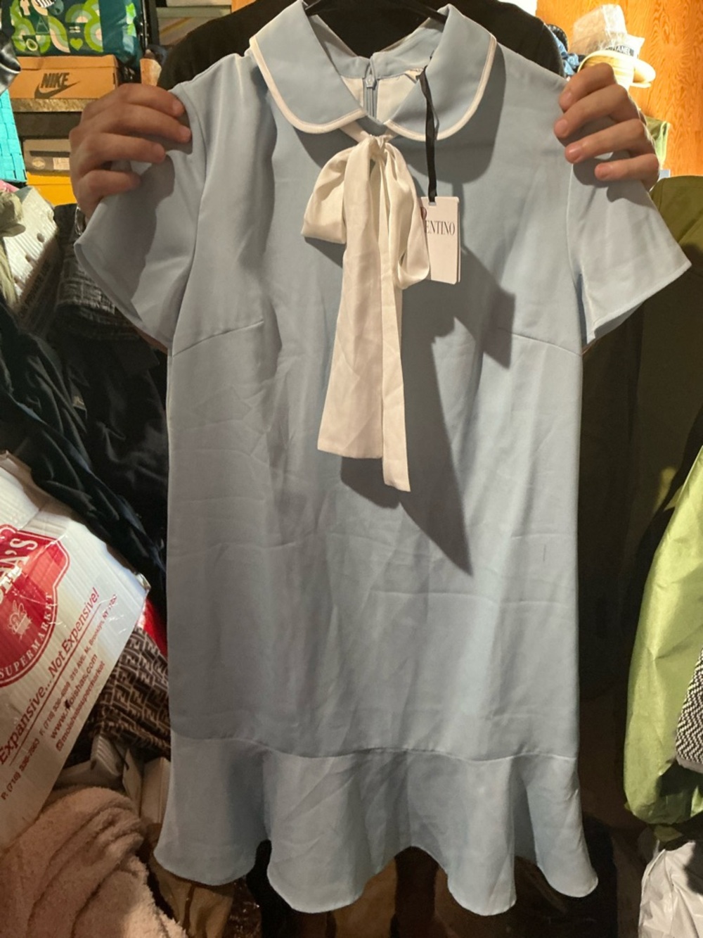 RED Valentino Light Blue Dress with Cream Bow Collar read